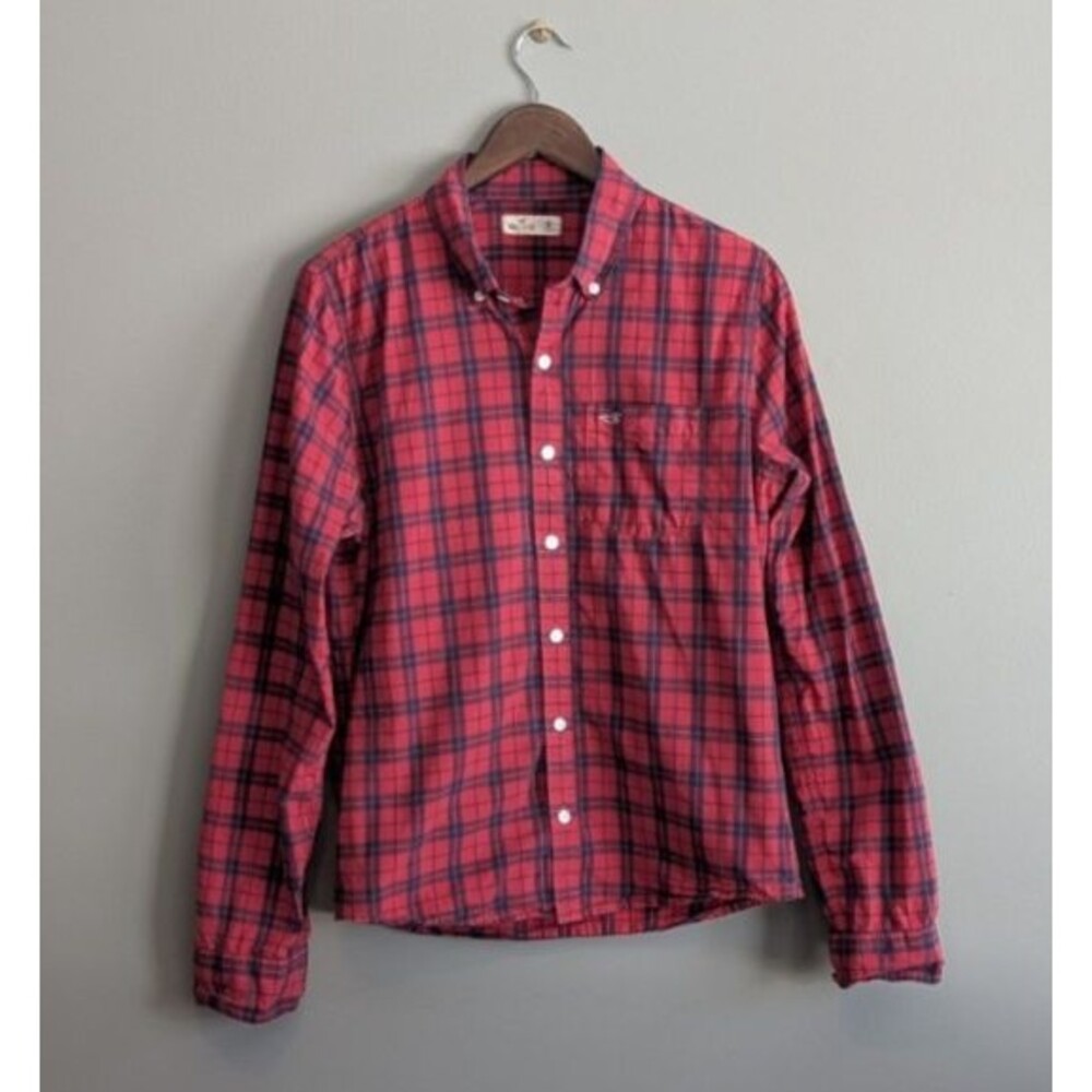 Hollister Mens Medium M Red Black Plaid Flannel Shirt Button Up Midweight Soft